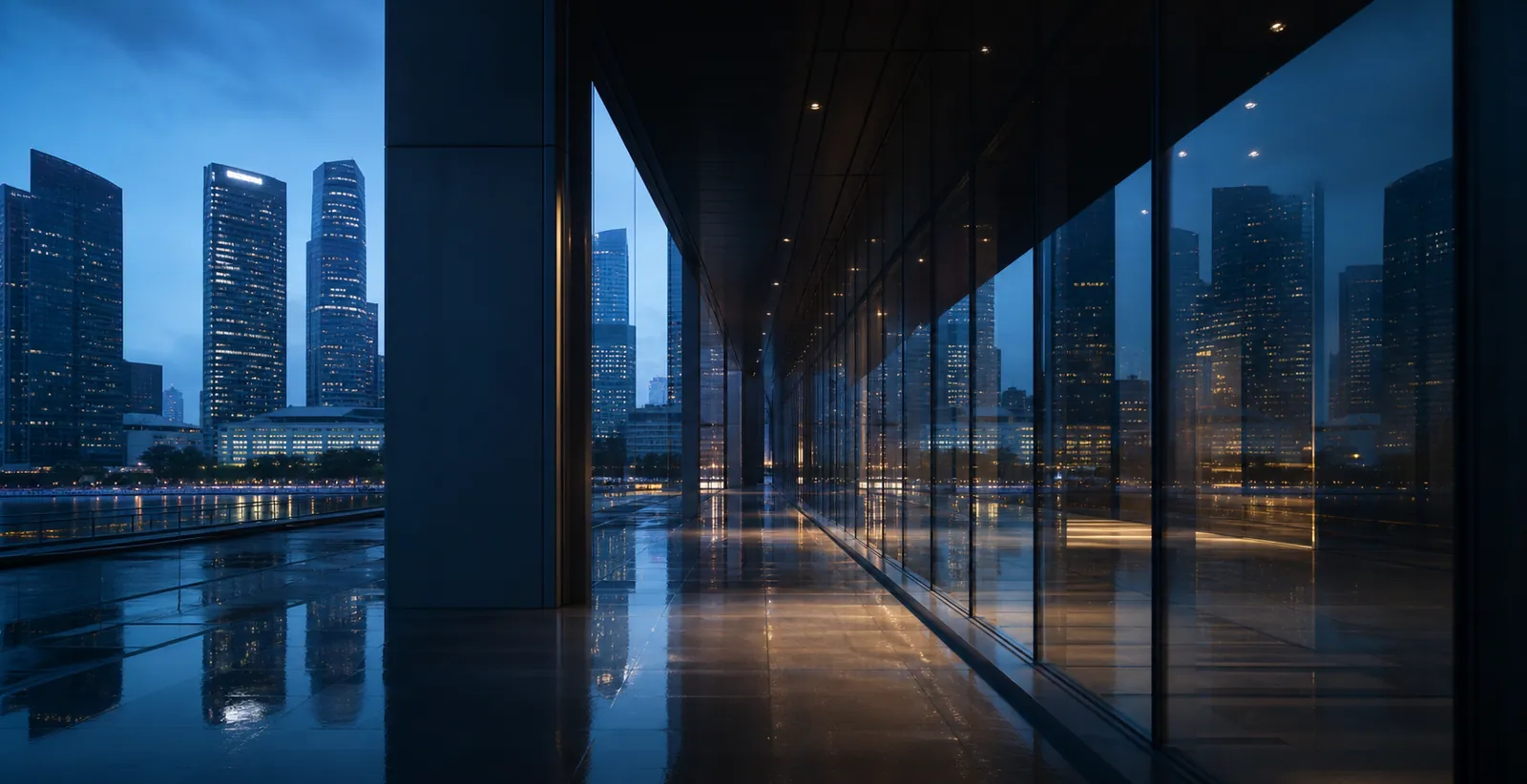 A glass-lined urban passage opening toward Singapore city towers at blue hour.