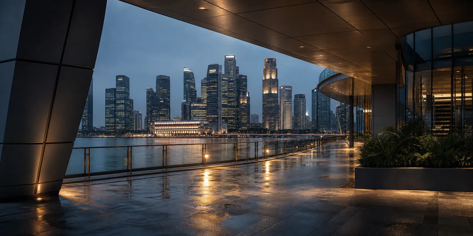 A sheltered waterfront walkway framing Singapore high-rises across the water.